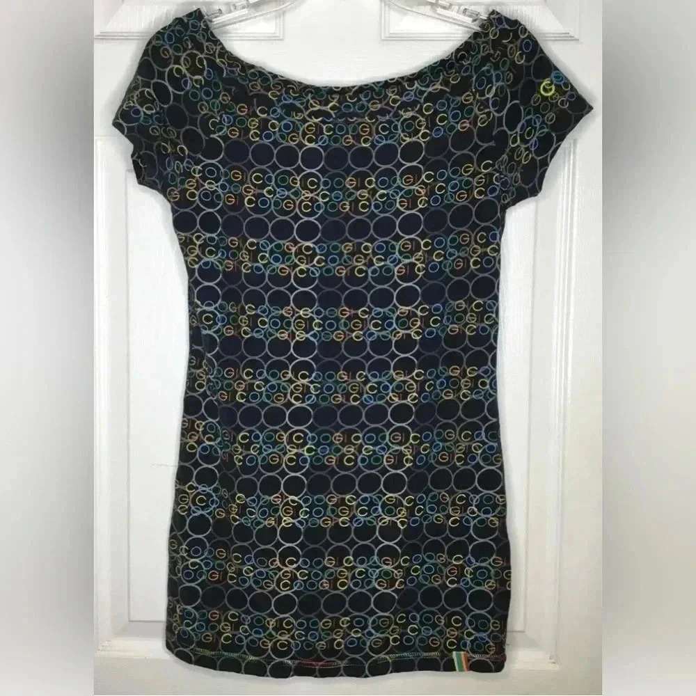 Women COOGI Black Rainbow Colorful Spell out Logo Off Shoulder Mini Dress Large